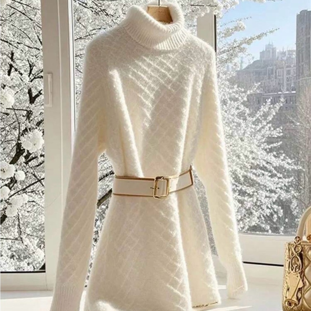 Elegant White Turtleneck Sweater dress